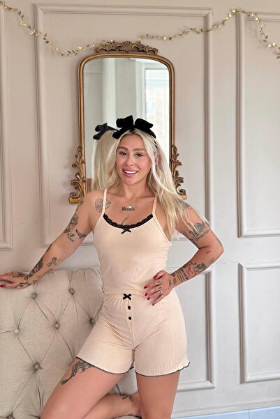 Pijamaevi Beige Chic Comfort Lace Knitted Suspender Shorts Women's Pajama Set