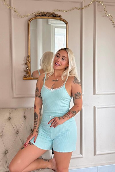 Pijamaevi Mint Chic Comfort Lace Knitted Suspender Shorts Women's Pajama Set