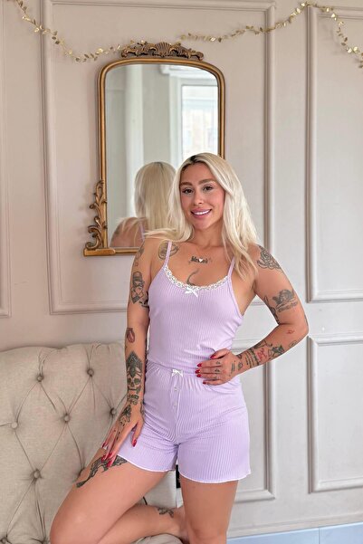 Pijamaevi Lilac Chic Comfort Lace Knitted Suspender Shorts Women's Pajama Set