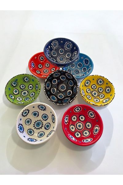 Artistic Quality Decorative Evil Eye Bead Embroidered Tile Ceramic Sauce Bowl - Snack Bowl - Breakfast Bowl 8 Pieces