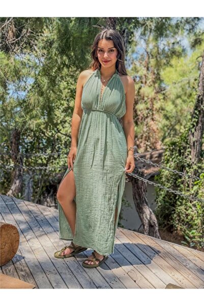 Miss Boheme Green Color Aphrodite Hair Braided Muslin Dress