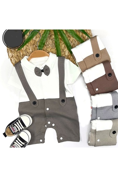 Tech Gross 3-6-9-12 Months Bow Tie Detailed Striped Salopet Look Baby Boy Jumpsuit
