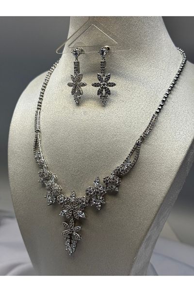 HADRA ACCESSORİES High Quality Flower Model Zircon Evening Dress Necklace Earring Set Bridal Jewelry Set Engagement Set Wedding Set
