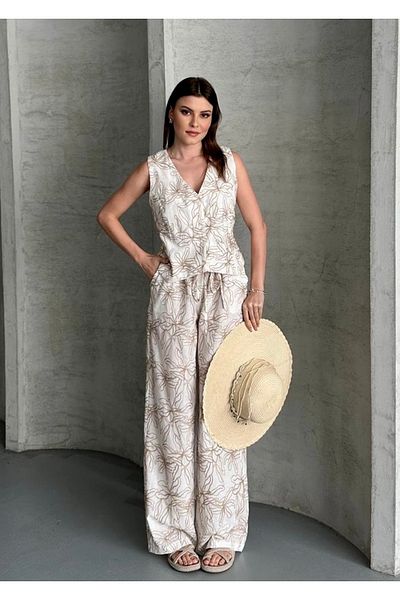 Modriq Women's White Linen Embroidered Vest Pants Suit |   Summer Vest Comfortable Fit Bottom Top Set
