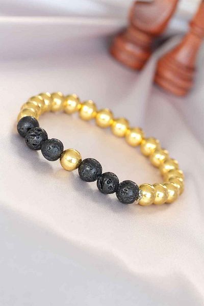 SeyCey.co Lava Natural Stone Detailed Hematite Gold Color Men's Bracelet