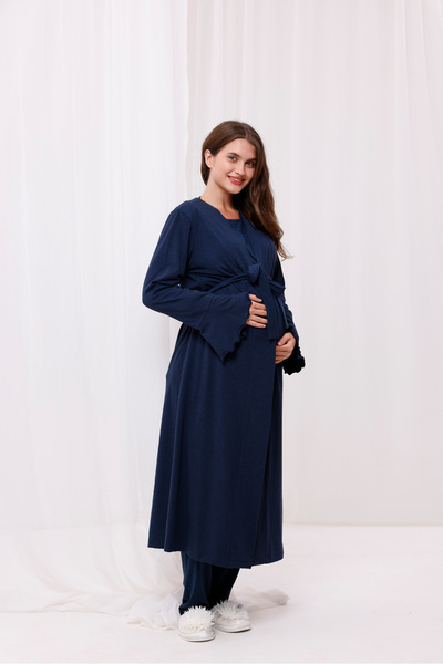 Yulem Homewear طقم بيجامات للأمهات المرضعات مكون من 3 قطع باللون الأزرق الداكن