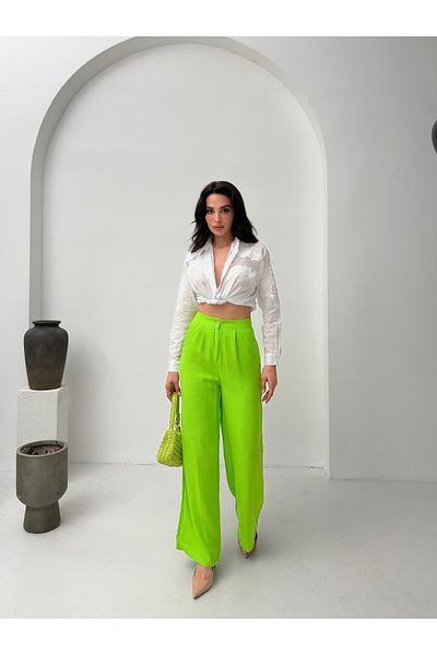 POP STORY High Waist Draped Linen Textured Women's Trousers