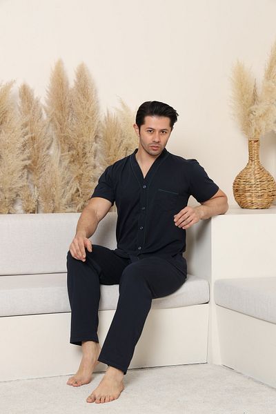 MODAREYA Short Sleeve Piping, Buttoned All over Economical Navy Blue Men's Pajama Set