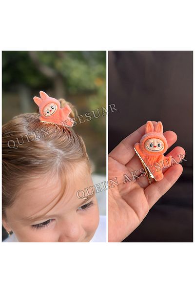 QUEEN AKSESUAR New Trend 3D Furry Labubu Toy Figured Clamp Buckle Orange
