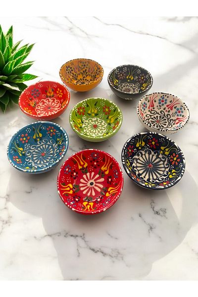 Artistic Quality Decorative Tulip Pattern Embroidered Tile Ceramic Sauce Bowl - Snack Bowl - Breakfast Bowl 8 Pieces