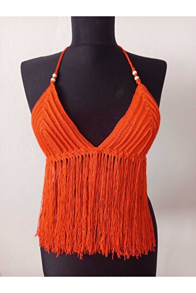 EG BAGS El Örgüsü Püsküllü Nar Çiçeği Renk Büstiyer Crop Bralet Bikini Üstü