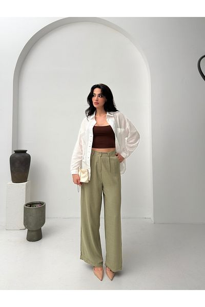 POP STORY High Waist Draped Linen Textured Women's Trousers