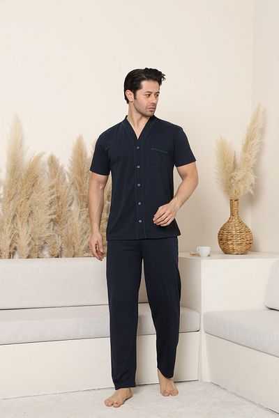 MODAREYA Short Sleeve Piping, Buttoned All over Economical Navy Blue Men's Pajama Set