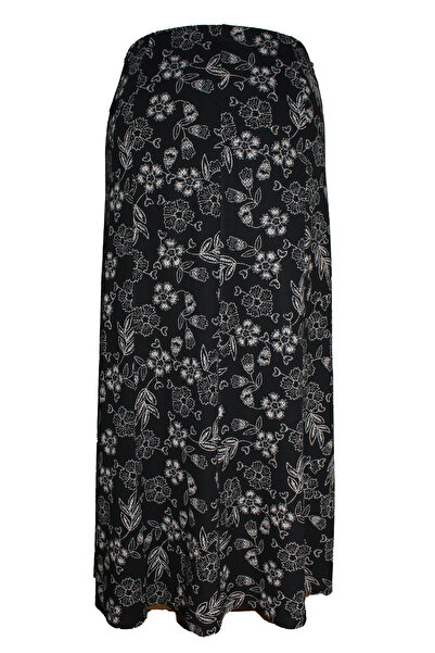 HESNA Women's Battal Size 8 Piece Quality Elastic Floral Patterned Black Skirt