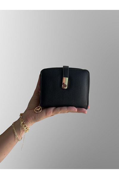 shiny ever Small Size Women's Wallet Black Gold Detailed
