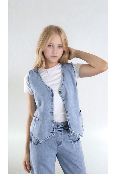 Asortix Girl's Ice Blue 2-Piece Suit with 100% Cotton Vest and Wide-Leg Pants