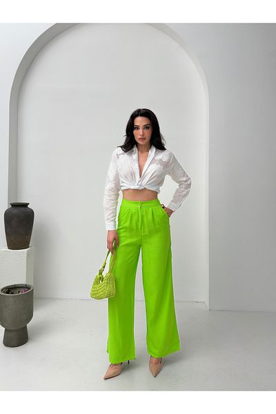POP STORY High Waist Draped Linen Textured Women's Trousers