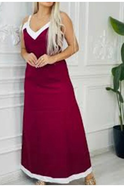 MODA Μπορντό λευκό φόρεμα μίντι από βισκόζη μοντάλ με ρίγες και λουράκια από ...