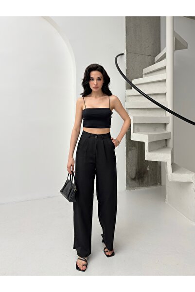 POP STORY Yüksek Bel Dökümlü Keten Dokulu Kadın Pantolon