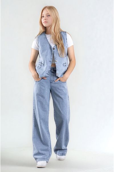 Asortix Girl's Ice Blue 2-Piece Suit with 100% Cotton Vest and Wide-Leg Pants