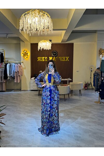 Xeftan zer Özel taş işlemeli mavi renk kaftan