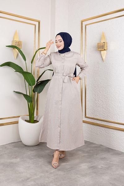 Eliva Women's Mink Beige Satin Long White Striped Hijab Dress with Belt