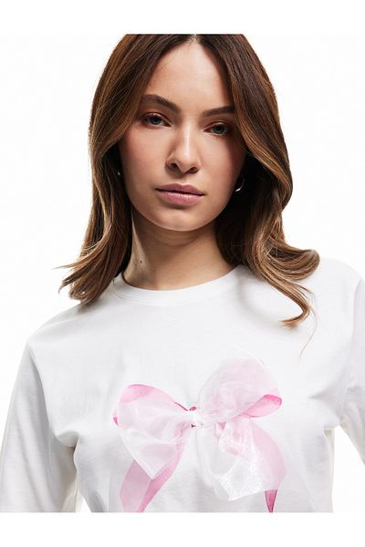 Koton New Season Cotton Applique Detailed Short Sleeve Crew Neck Bow Printed T-Shirt