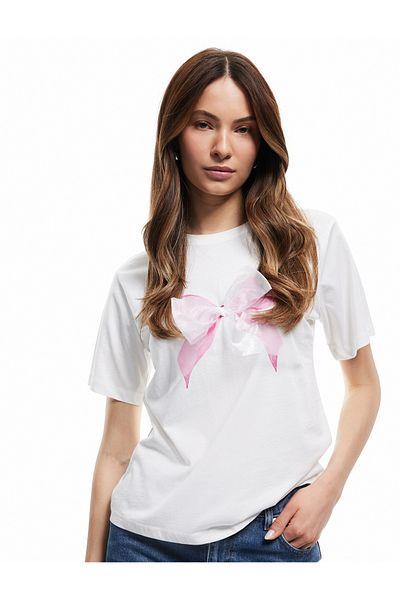 Koton New Season Cotton Applique Detailed Short Sleeve Crew Neck Bow Printed T-Shirt