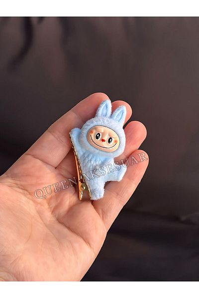 QUEEN AKSESUAR New Trend 3D Furry Labubu Toy Figured Collet Buckle Light Blue