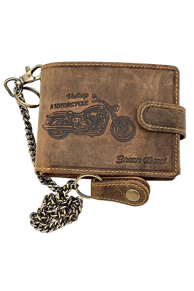 Micutz Personalized Men's Wallet with Motorcycle Made of Genuine Leather, Motorcycle Chain, 12x10x3 cm, Brown