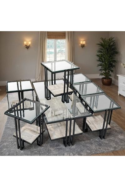 Ch 7-piece glass table set with wood and iron legs