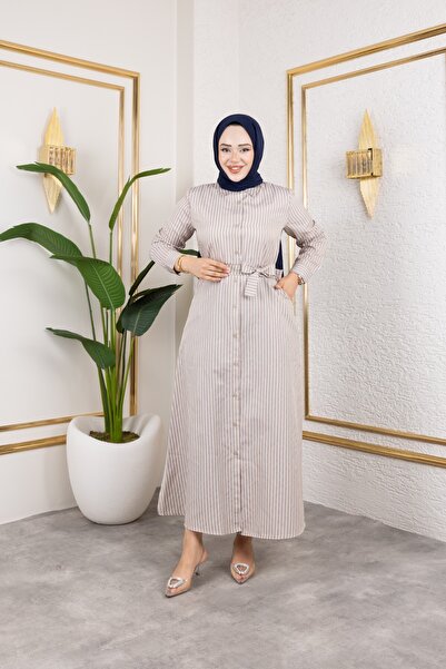 Eliva Women's Mink Beige Satin Long White Striped Hijab Dress with Belt