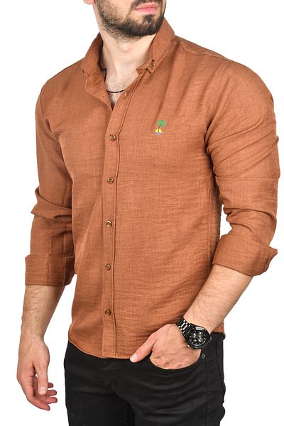 DeepSEA Ανδρικό πουκάμισο καφέ Slim Fit λεπτή εφαρμογή Λινό πουκάμισο Βαμβακερό αθλητικό πουκάμισο 2501305