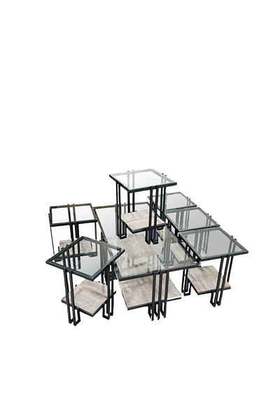 Ch 7-piece glass table set with wood and iron legs