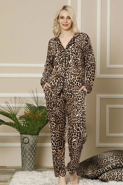 SATTENS Leopard Print Long Sleeve Women's Satin Pajama Set with Stone Print