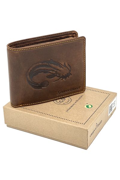 Micutz Fisherman Wallet for Men Personalized with Catfish, Genuine Leather, 12.5x9x3.8cm, Brown Color