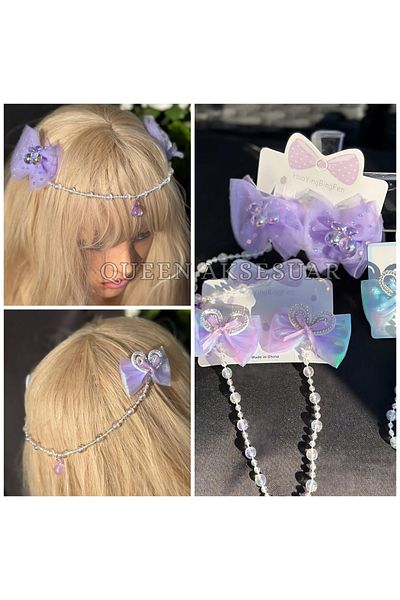 QUEEN AKSESUAR Fairy Girl Bindallı Authentic Pendant Stone Beaded Chain Crown Forehead Crown Pincer Bow Buckle Purple