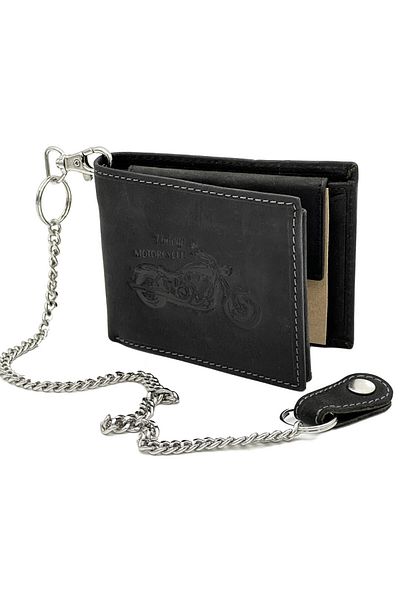 Micutz Men's Leather Wallet Personalized with Motorcycle, Accessorized with Chain, Vintage Black