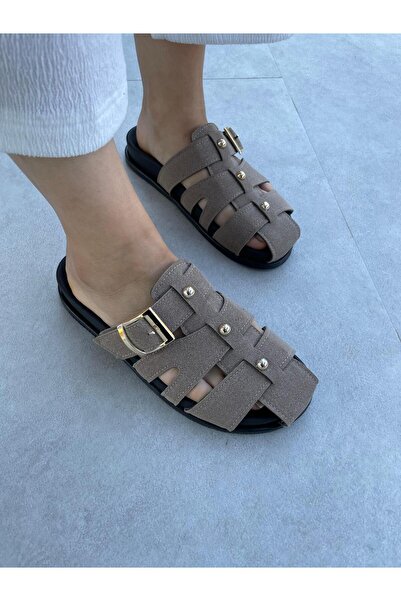 Elvinin Tarzı Pia Mink Suede Bead Detailed Slippers