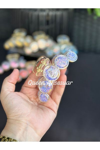 QUEEN AKSESUAR Large Bubble Balloon Ball Moving Sequin Glitter Transparent Acrylic Latch Buckle Purple Lilac