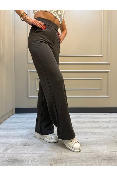 geenz manifacture Denisa Grey Seamless Velcro Palazzo Παντελόνι με ρυθμιζόμενο ψηλόμεσο Lycra με φαρδύ πόδι