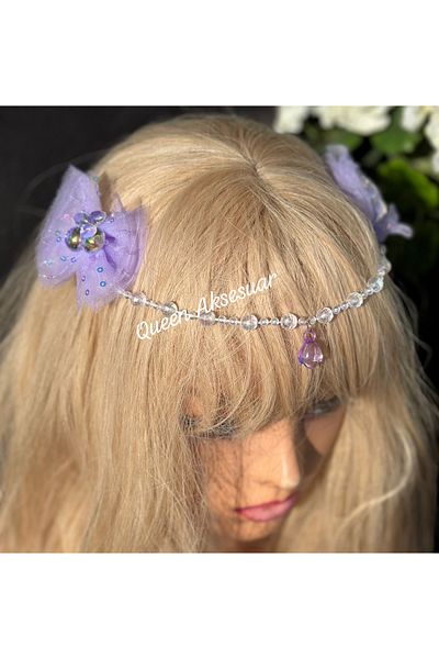 QUEEN AKSESUAR Fairy Girl Bindallı Authentic Pendant Stone Beaded Chain Crown Forehead Crown Pincer Bow Buckle Purple