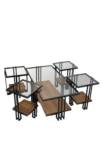 Ch 5-piece glass table set with wood and iron legs