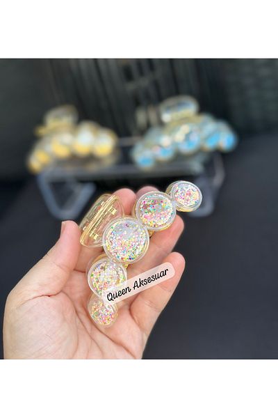 QUEEN AKSESUAR Large Bubble Balloon Ball Moving Sequin Glitter Transparent Acrylic Latch Buckle White Color 10.5cm