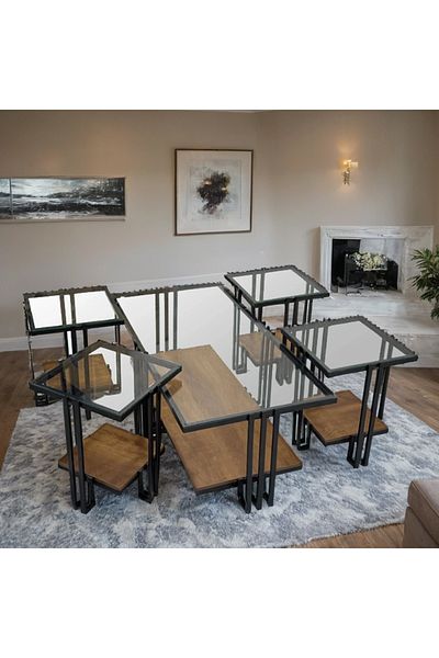 Ch 5-piece glass table set with wood and iron legs