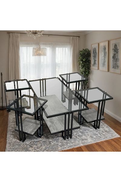 Ch 5-piece glass table set with wood and iron legs