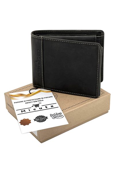 Micutz Black Wallet for Men Made of Genuine Cowhide Leather, 12x10x2 cm