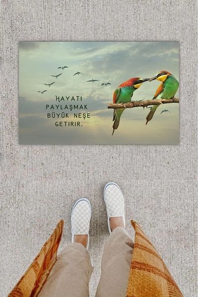 Mu Art Ahşap Bfs Digital Printing Decorative Tropical Bird Gray Door Mat K-1222