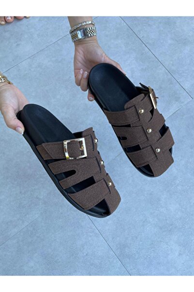 Elvinin Tarzı Pia Bitter Brown Suede Bead Detailed Slippers