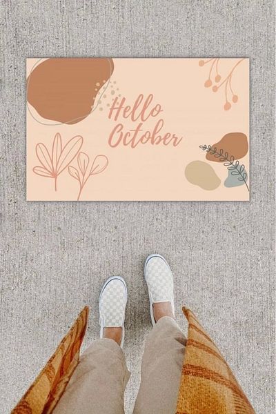 Mu Art Ahşap Bfs Digital Printing Decorative Hello October Powder Door Mat K-1224